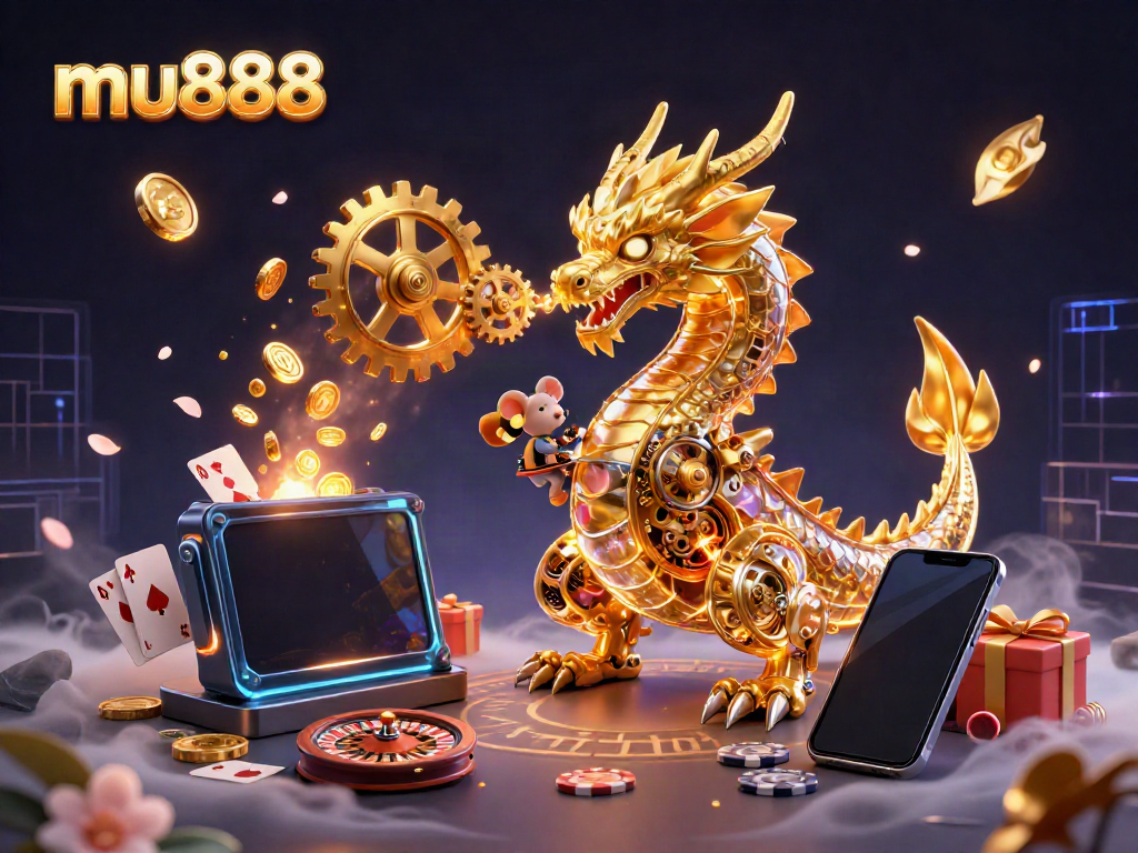 Engage with exciting slot games at mu888 featuring an ultra-detailed 3D illustration of a golden dragon and gaming elements.