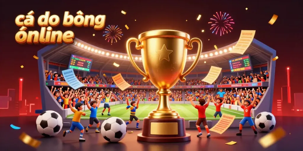 Experience the thrill of cá độ bóng đá online as the golden trophy shines amidst a lively soccer stadium.