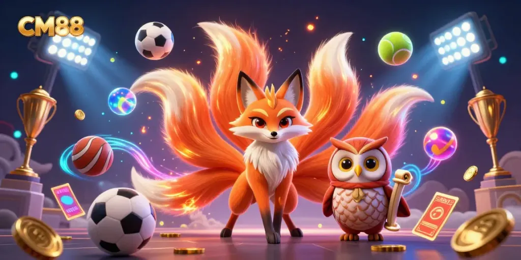 Engage with CM88's dynamic sports betting scene featuring a colorful nine-tailed fox and owl.