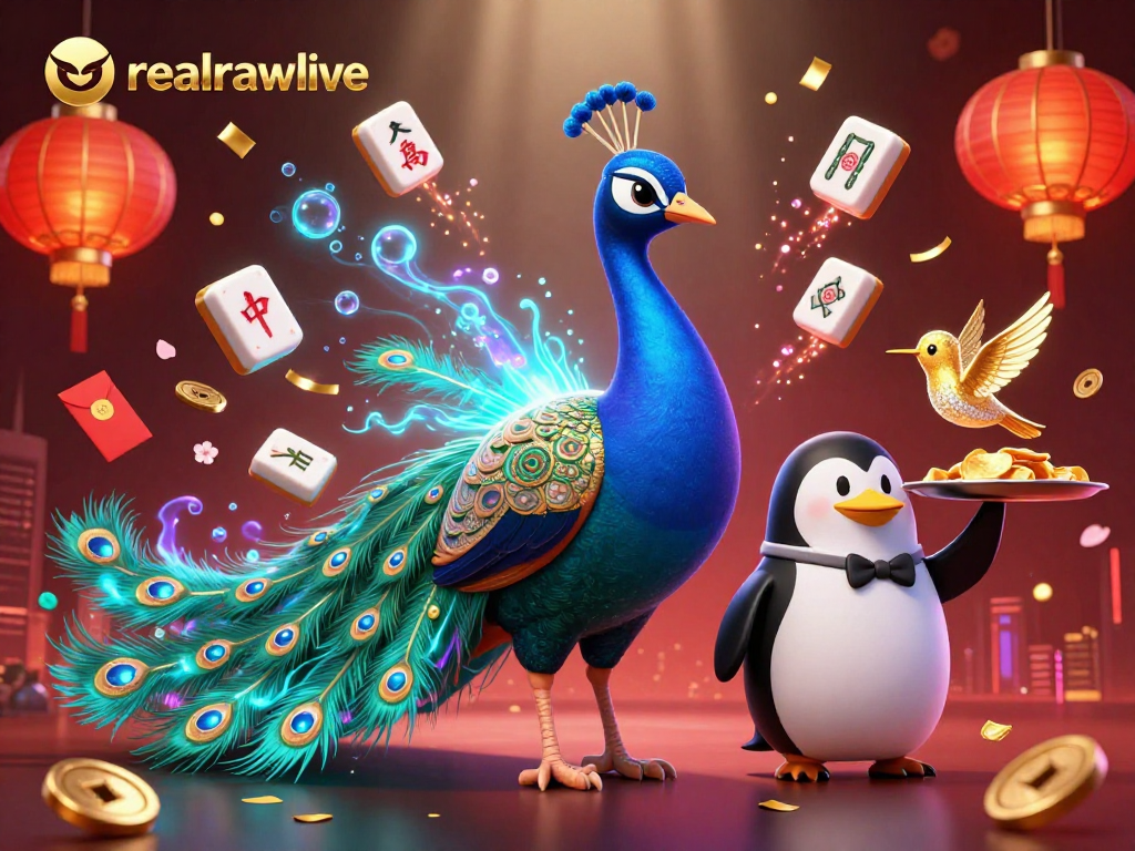 Engage with realrawlive's vibrant casino experience featuring a peacock, penguin, and hummingbird.