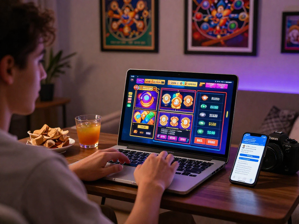 Giocatore immerso in un'esperienza di casino online non AAMS, con laptop e snack in ambiente accogliente.