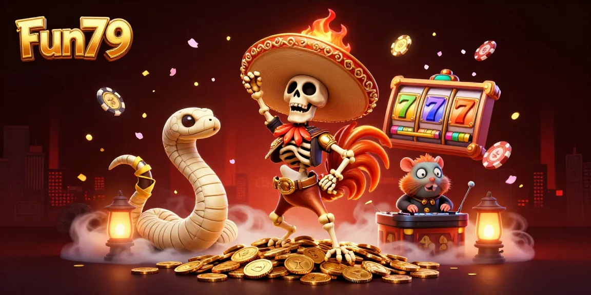 Fun79's casino-themed scene with a joyful skeleton mariachis, slot reels, and mystical elements.
