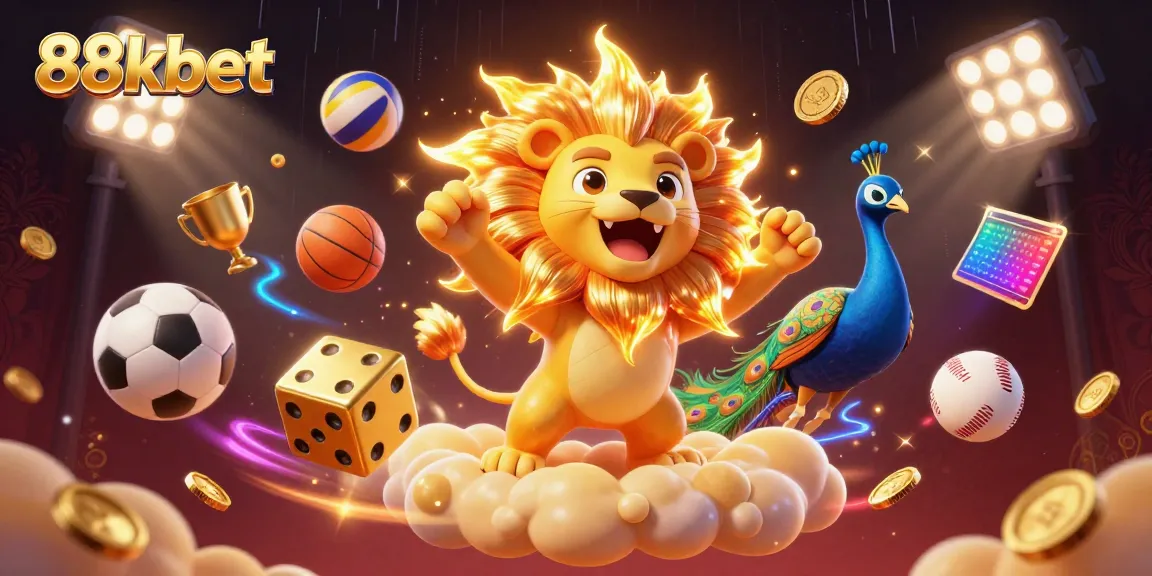 Experience 88kbet's dazzling online gaming with vibrant visuals of a roaring lion and dynamic sports elements.