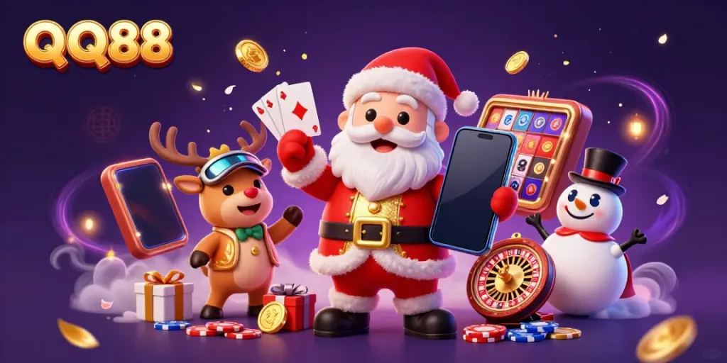Experience winning excitement at QQ88 with a festive illustration of Santa, a reindeer dealer, and a poker chip snowman, celebrating rewards.