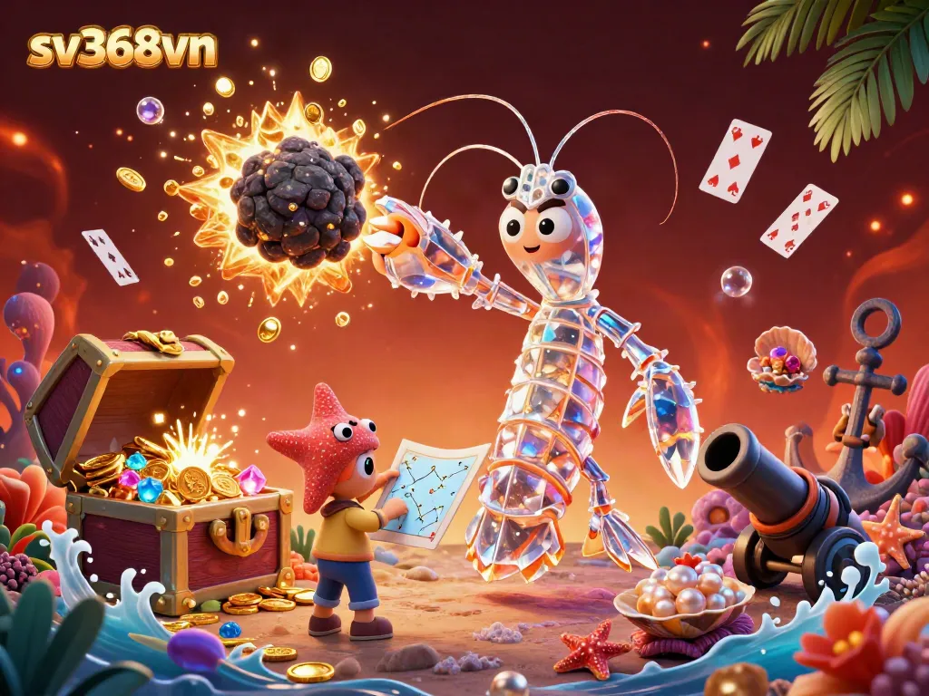 Experience the thrilling action of sv368vn with a galactic samurai mantis shrimp amidst an explosion of gems and coins.