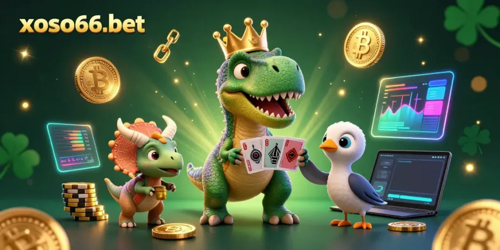 Experience xoso66-bet with lively characters in a colorful casino scene featuring vibrant cryptocurrencies and playful gaming elements.
