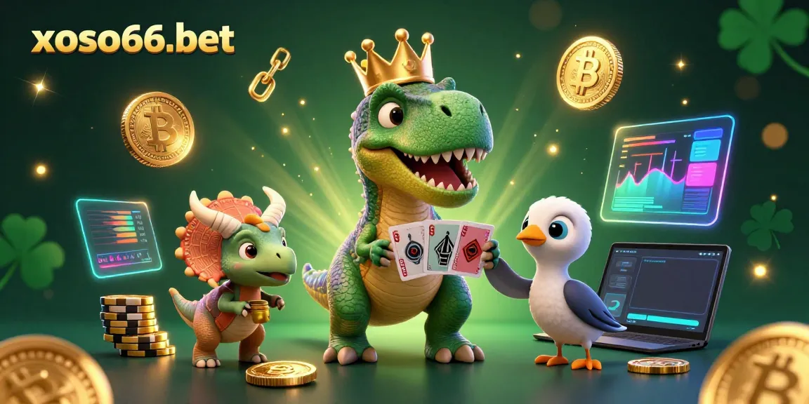 Experience xoso66-bet with lively characters in a colorful casino scene featuring vibrant cryptocurrencies and playful gaming elements.