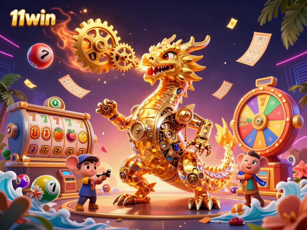 Experience thrilling gaming action at 11win with vibrant slot reels and animated golden dragon.