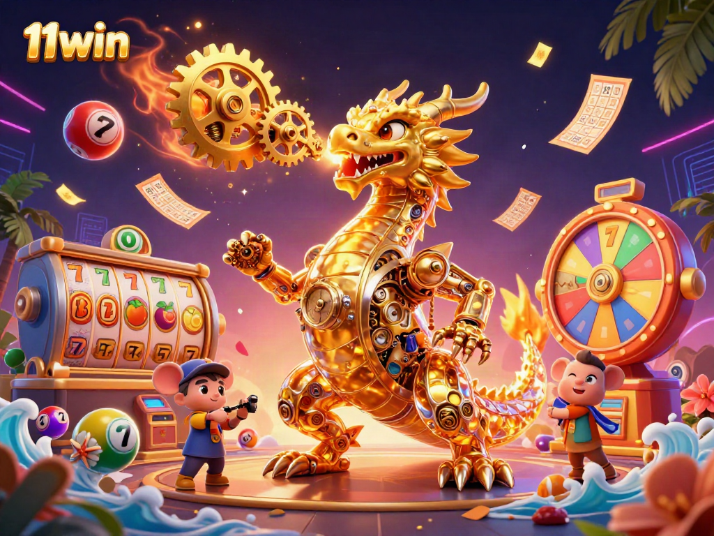Experience thrilling gaming action at 11win with vibrant slot reels and animated golden dragon.