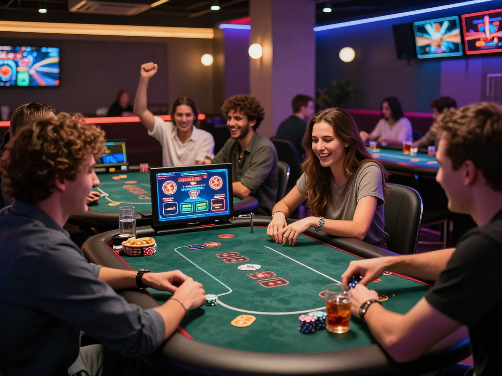 Giocatori sorridenti nei casino online non AAMS mentre si divertono a un tavolo di poker virtuale.