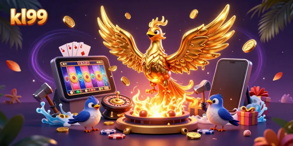 Engage with kl99's thrilling online casino experience featuring a golden phoenix and vibrant game elements.
