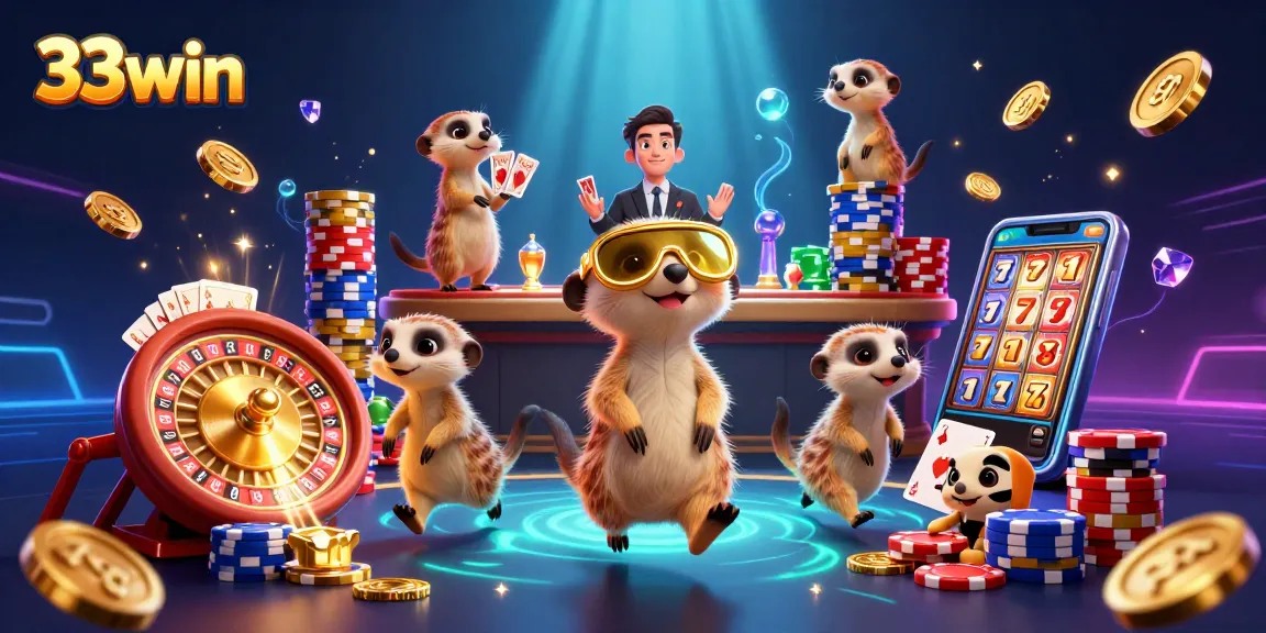 Experience thrilling action at 33win, showcasing meerkats in a vibrant casino setting.