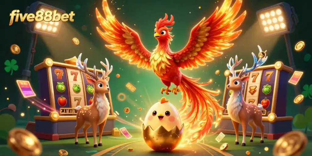 Experience the vibrant energy of five88bet with a phoenix and gaming elements in a thrilling casino scene.