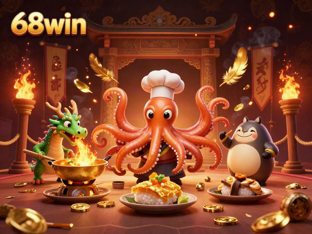 Engaging scene at 68win featuring a cartoon sushi chef octopus preparing dishes, bets abound.