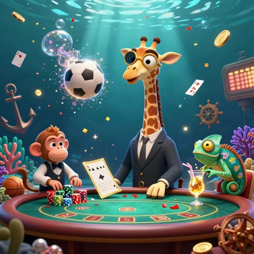 Underwater casino key art with giraffe, monkey and chameleon around a flying football and gold coins.
