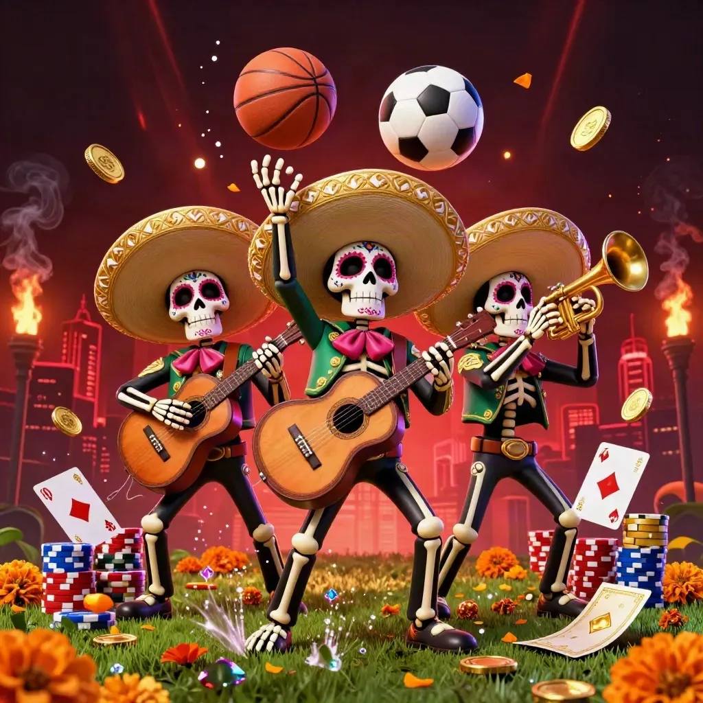 Skeleton mariachi trio amid casino chips, coins, roulette wheel and flying sports balls