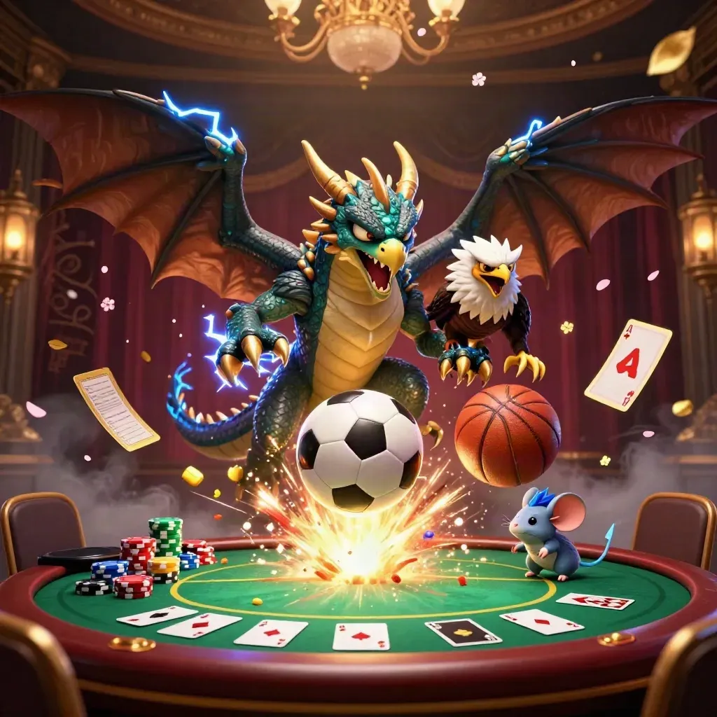 Thunder dragon, hawk and mouse burst around casino chips, aces and sports balls in neon light.
