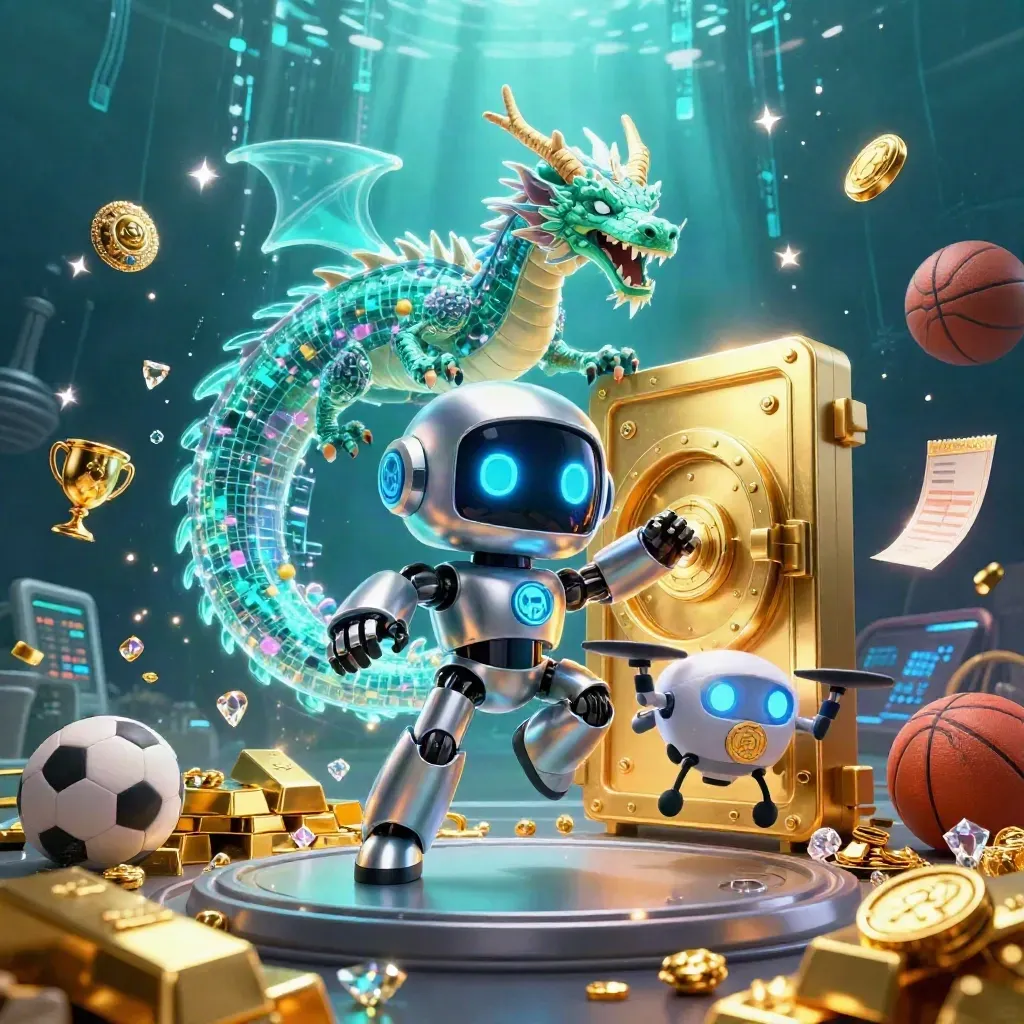 Robot, holographic dragon, and coin drone burst from a golden vault amid casino sports gear.
