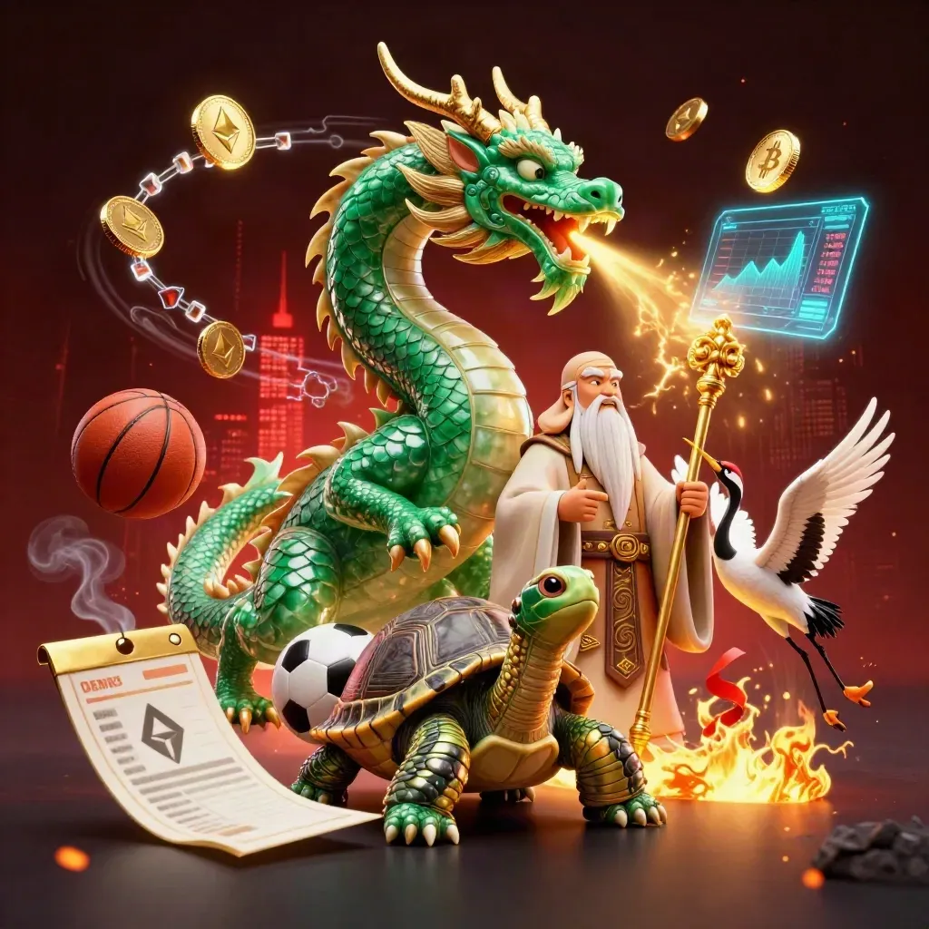 Emerald dragon, turtle sage and cranes amid casino-sports energy, coins, fire and neon effects