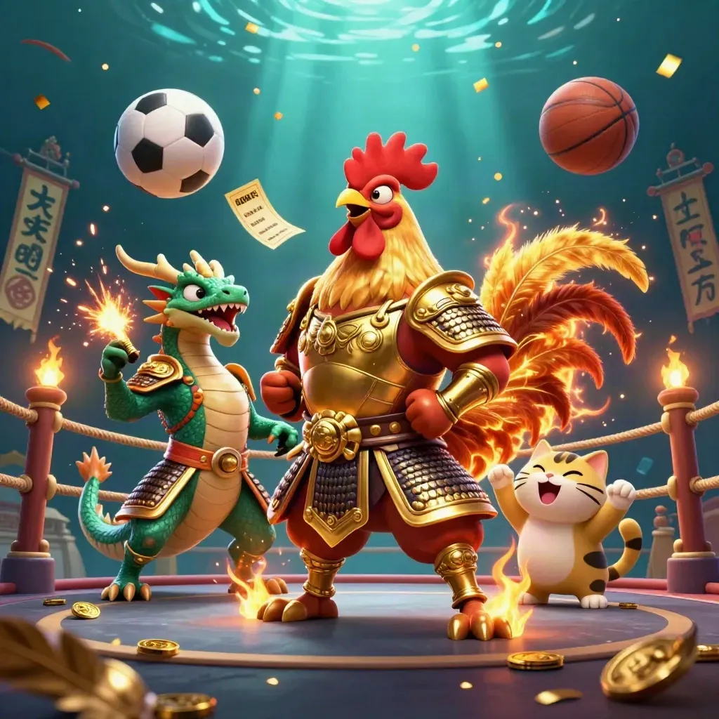 Rooster warrior, dragon hatchling and cat amid flying sports balls, coins and sparks.