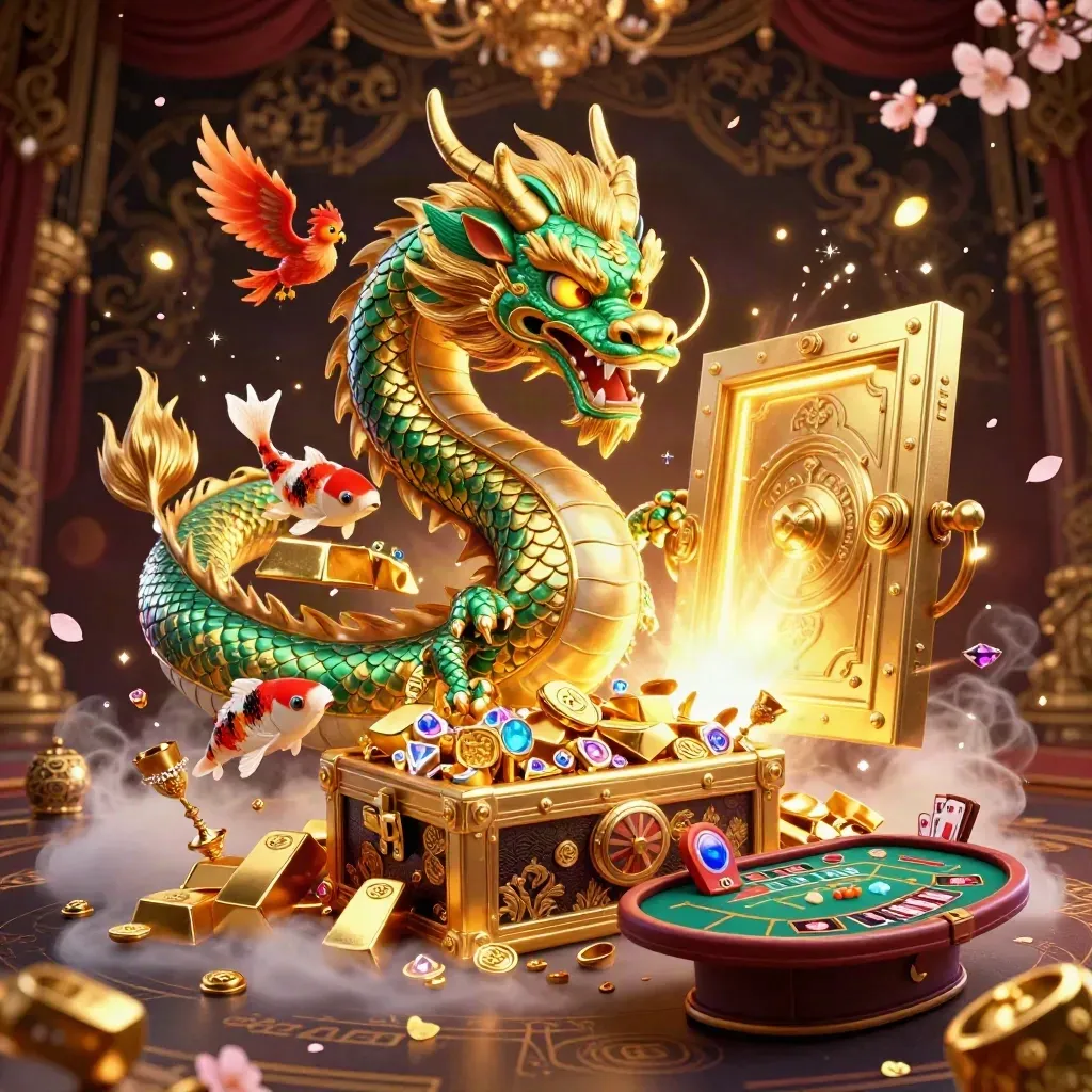 Golden dragon and phoenix casino splash art with treasure, roulette, cards, and jewel light