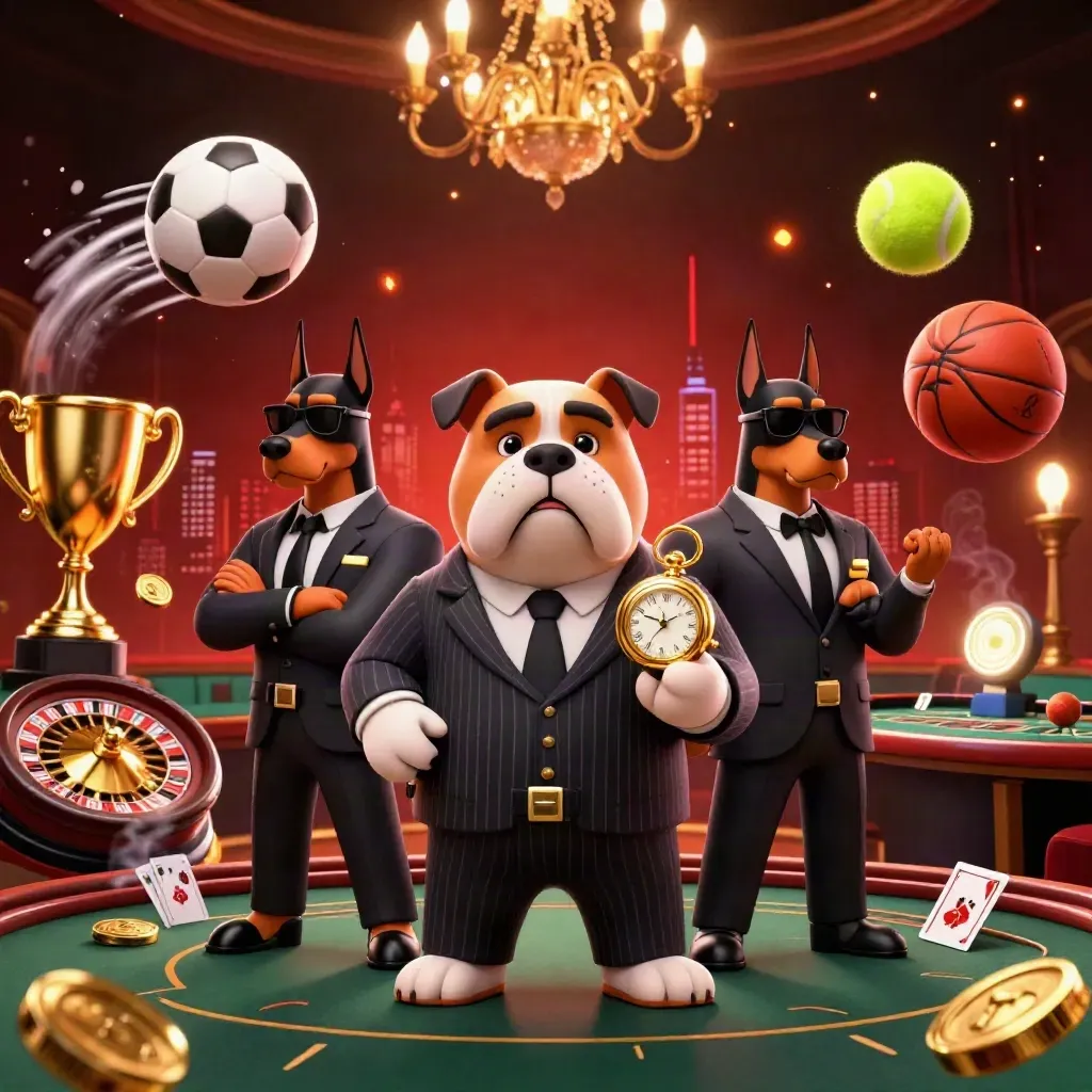 Bulldog boss and Dobermans in a luxe casino scene with flying sports balls, trophy, coins and neon glow