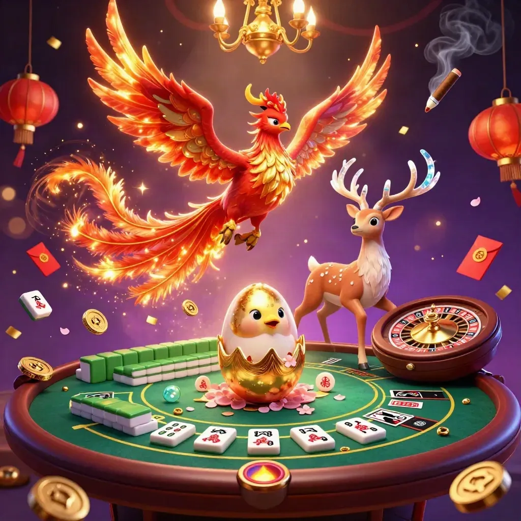 Phoenix, hatchling, stag, and casino symbols in a glowing fantasy casino scene