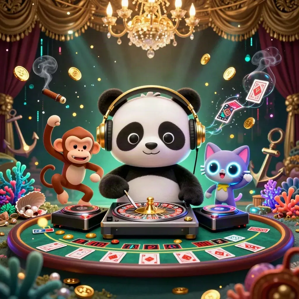 Panda DJ, dancing monkey, and glow-stick kitten in a neon casino treasure cove, luxury damask backdrop.