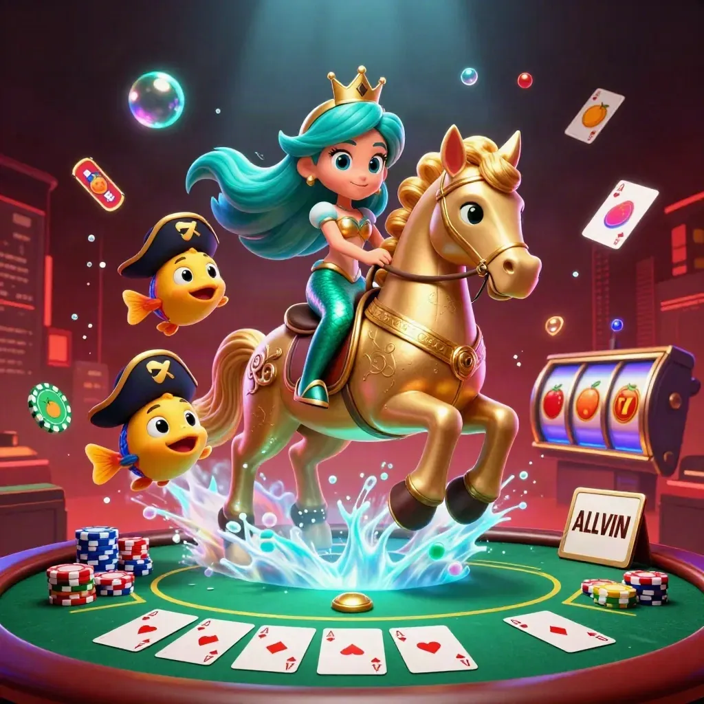 Mermaid princess rides armored seahorse amid pirate fish, chips, cards and neon casino glow.