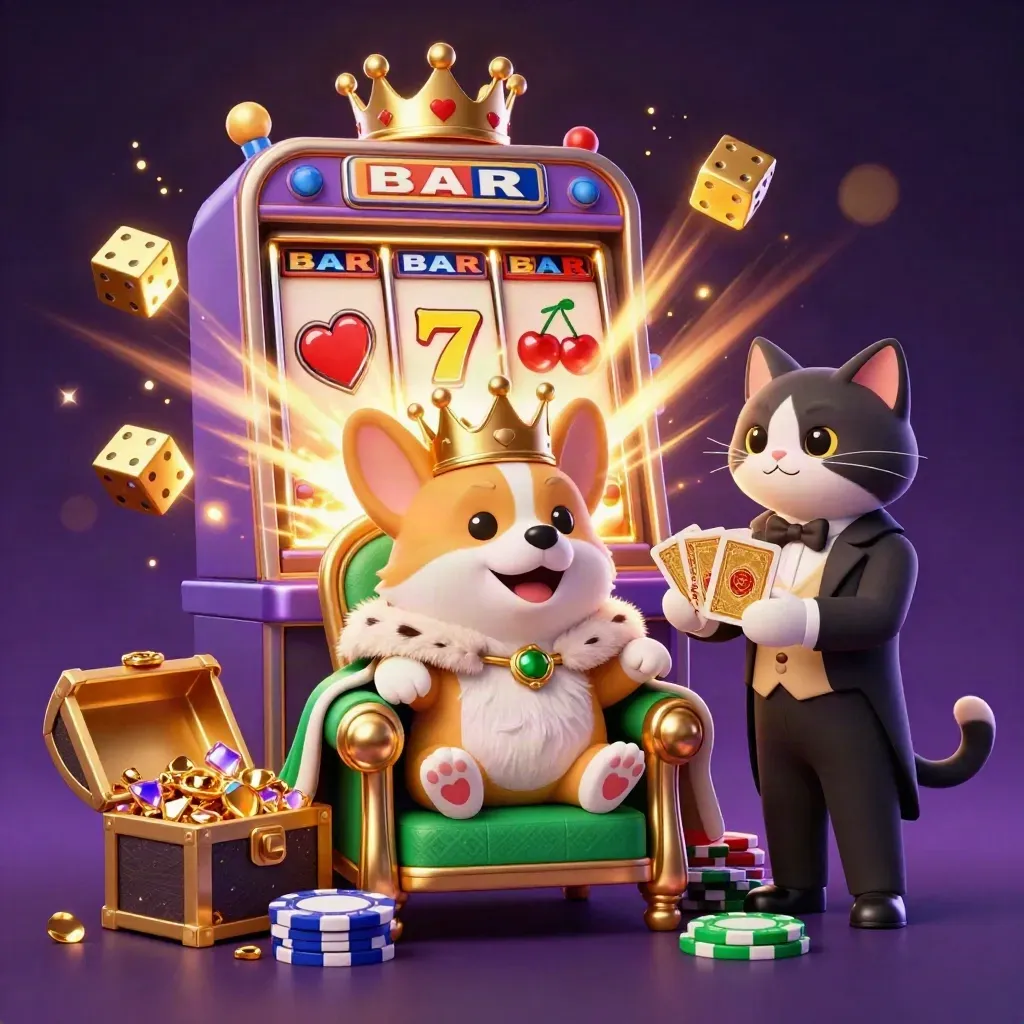 Royal corgi and cat butler amid exploding slot reels, gold, dice, and neon casino magic.
