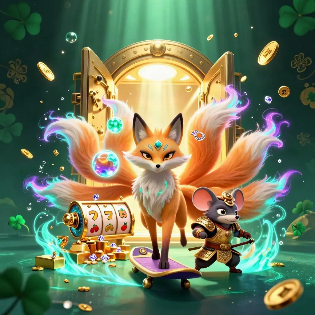 Nine-tailed fox spirit and samurai mouse burst from a golden vault with gems and neon casino glow