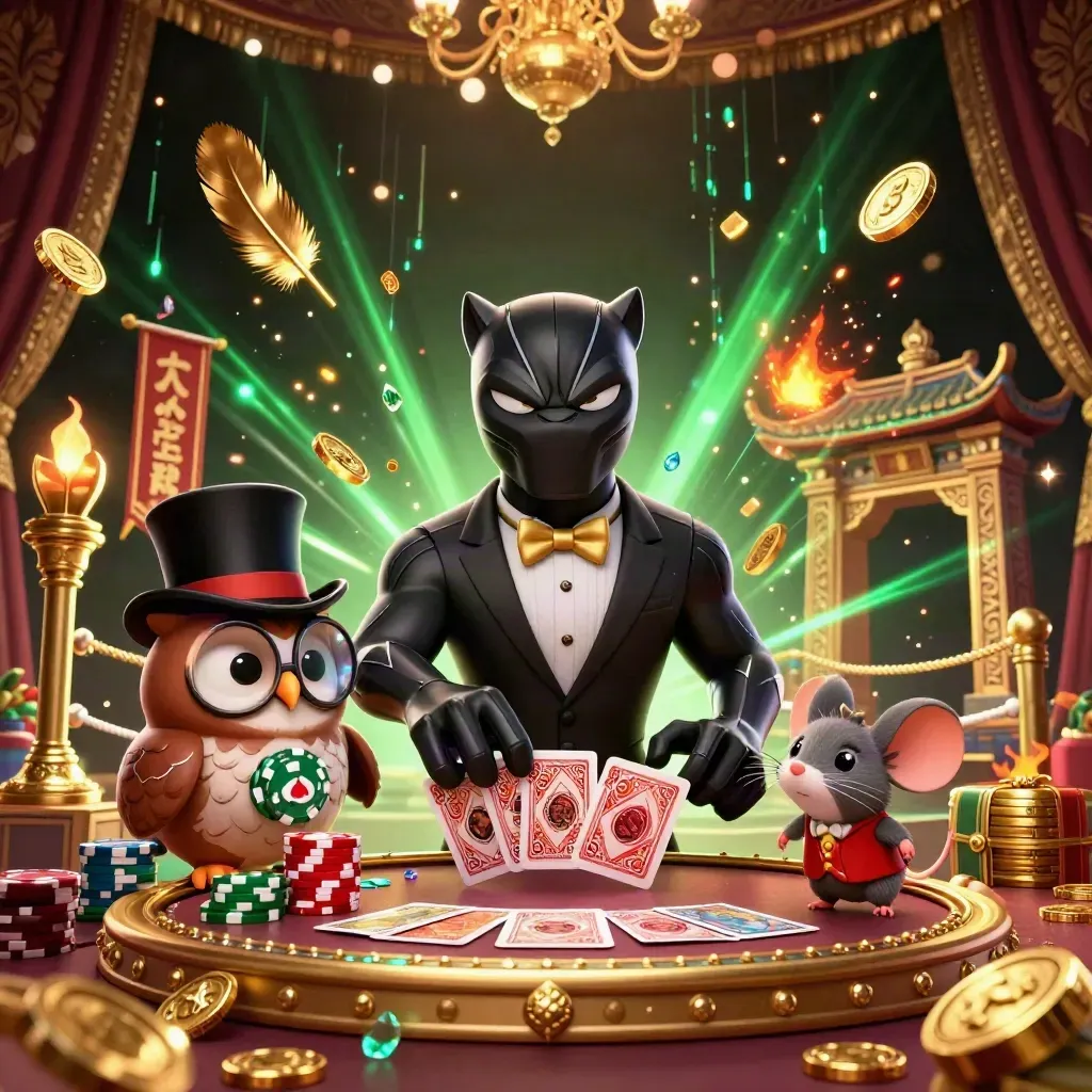 Panther, owl and mouse deal cards amid gold bursts in a luxe emerald casino scene