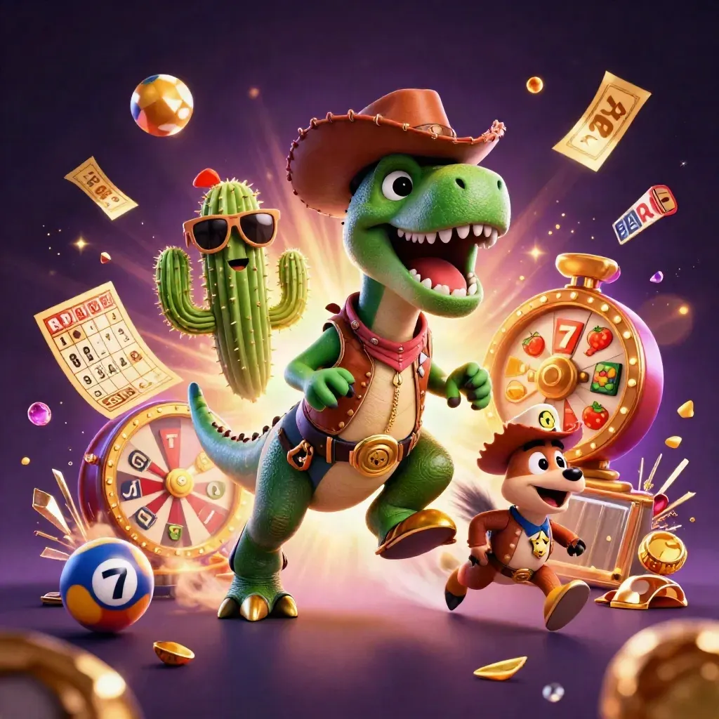 Cowboy T-Rex, cactus, and sheriff roadrunner burst amid casino treasure and neon sparks.