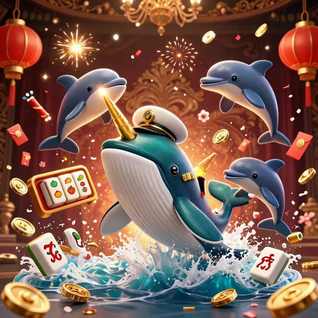 Whale captain and narwhal burst through coins with dolphins, lanterns and fireworks in neon casino glam