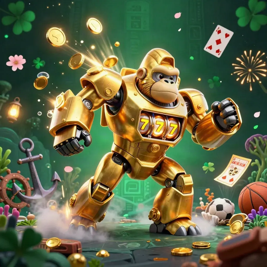 Golden gorilla mech with monkey pilot amid coins, coral, cards and sports betting icons.