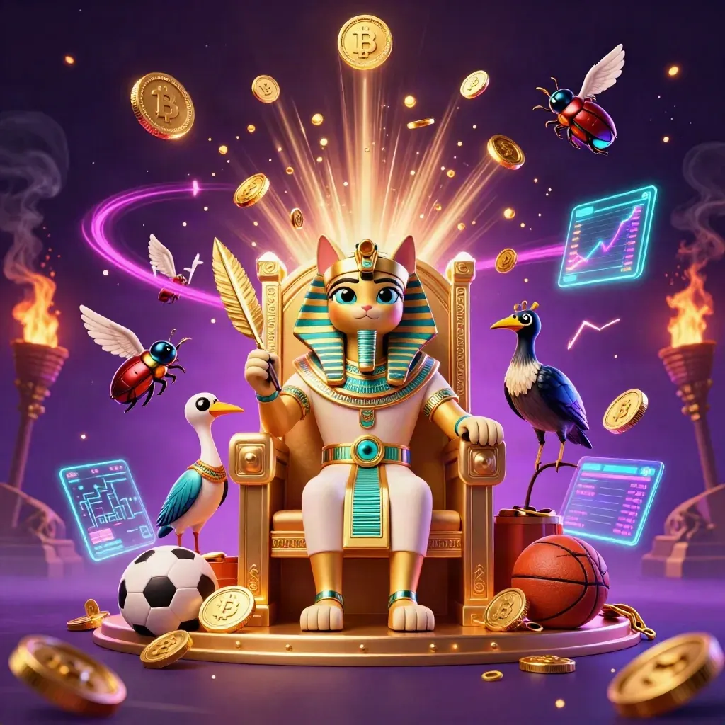 Pharaoh cat throne scene with coins, scarab wings, sports props, neon crypto effects