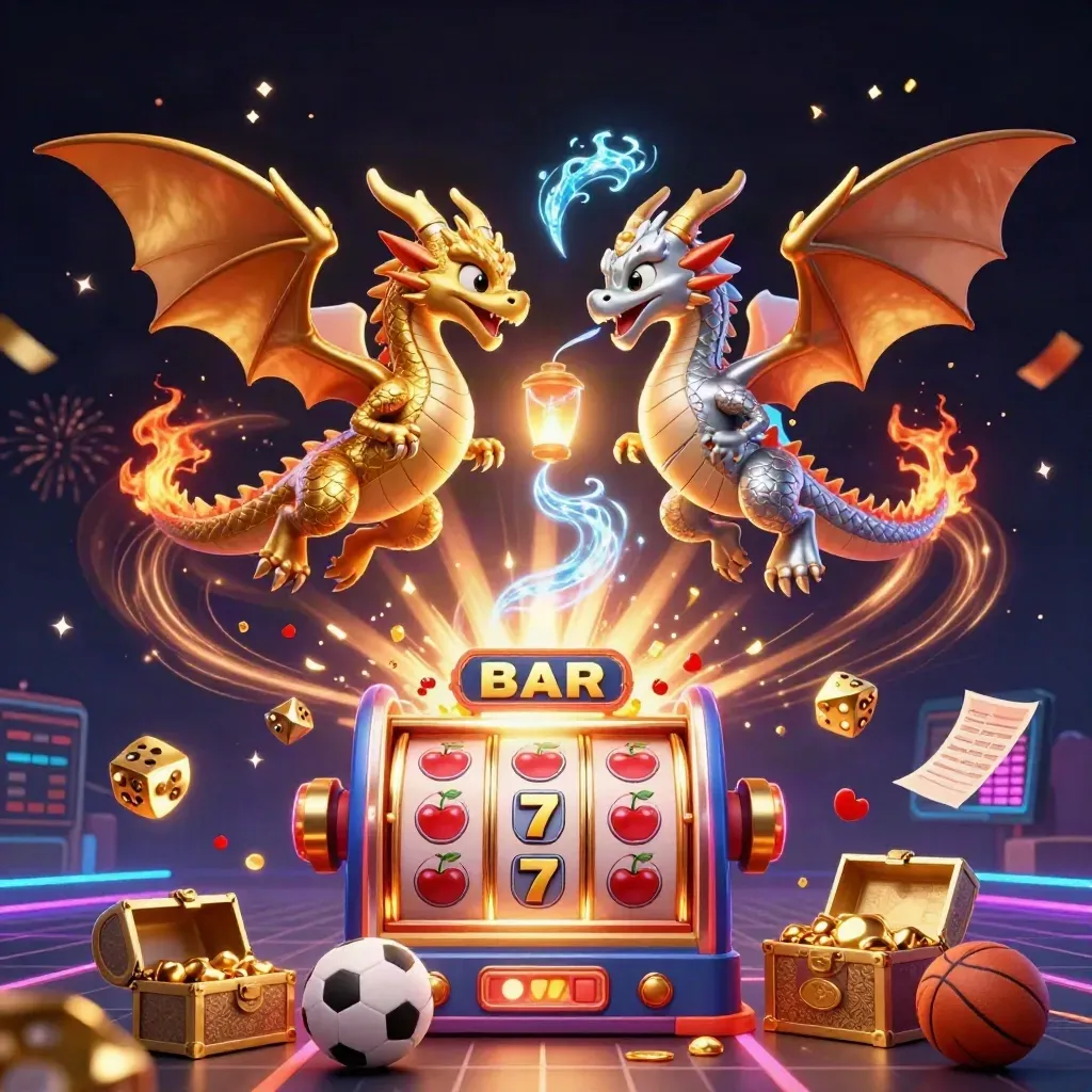 Twin gold and silver dragons orbit a bursting slot machine with coins, treasure, confetti and fireworks.