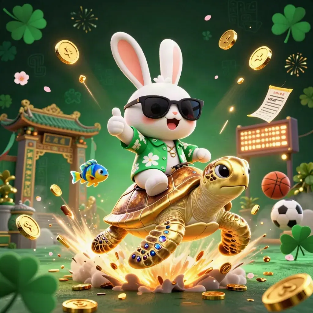 Lucky rabbit on a gem-shelled golden turtle amid coins, fireworks, temple gate, and casino sports icons