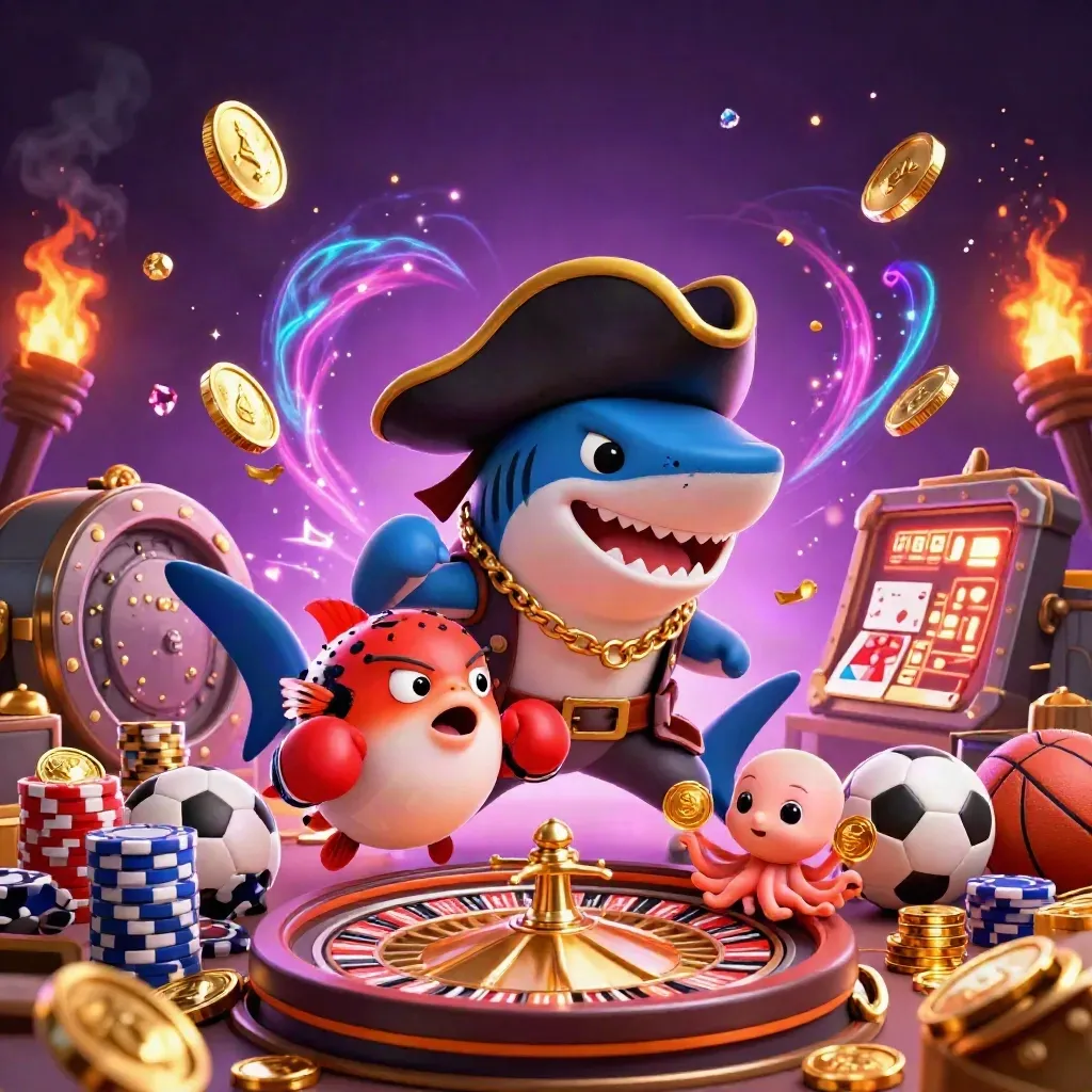 Pirate shark, pufferfish and octopus amid coins, roulette wheel, chips, cards, sports props and fireworks