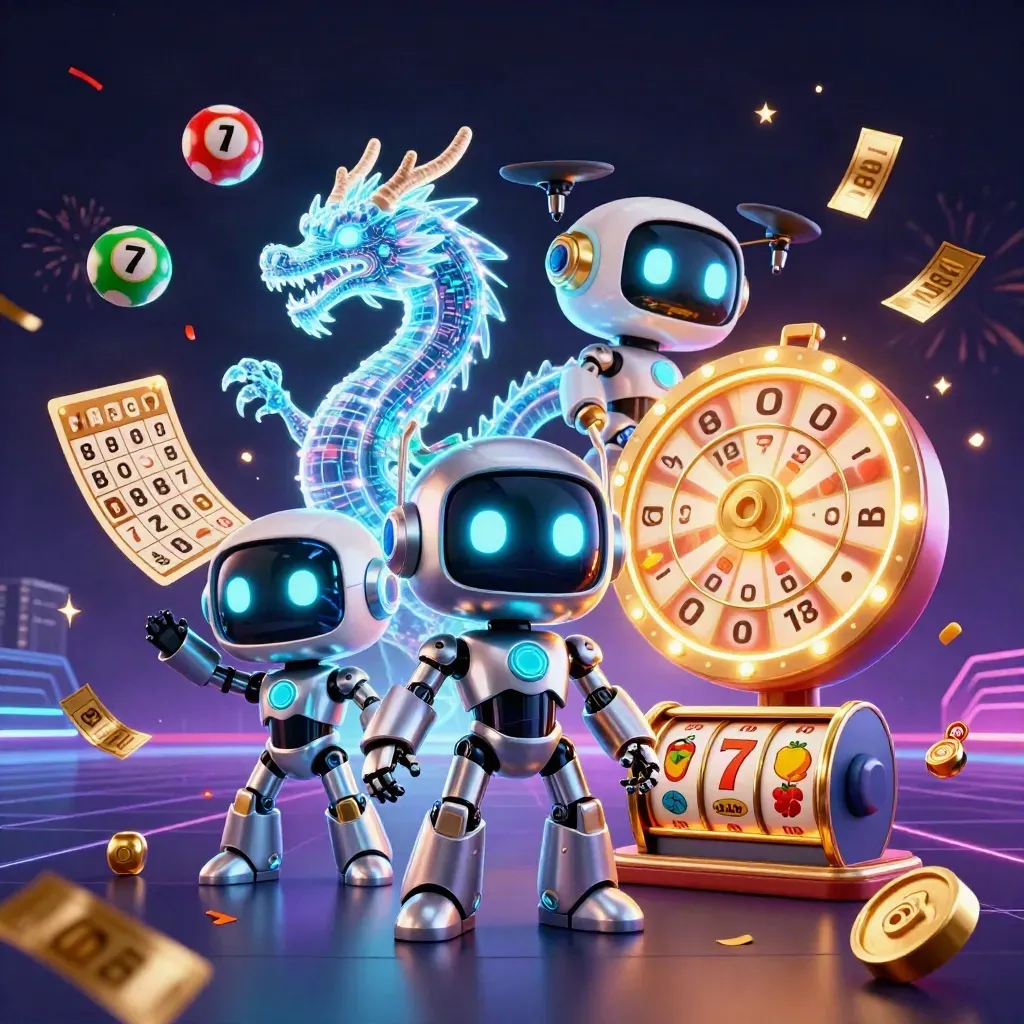 Robot, holographic dragon and coin drone in a neon casino action burst