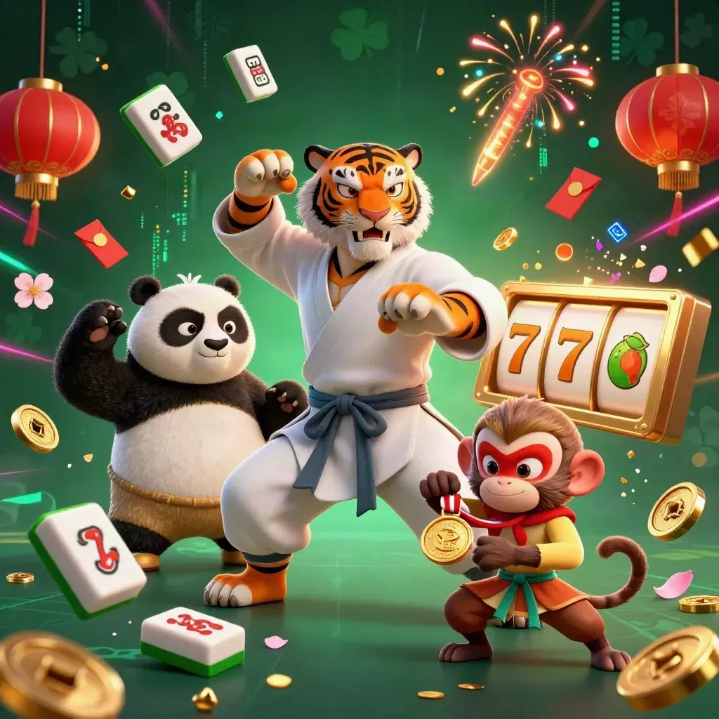 Tiger, panda, and monkey in a vibrant casino kung-fu splash scene with coins and lanterns.