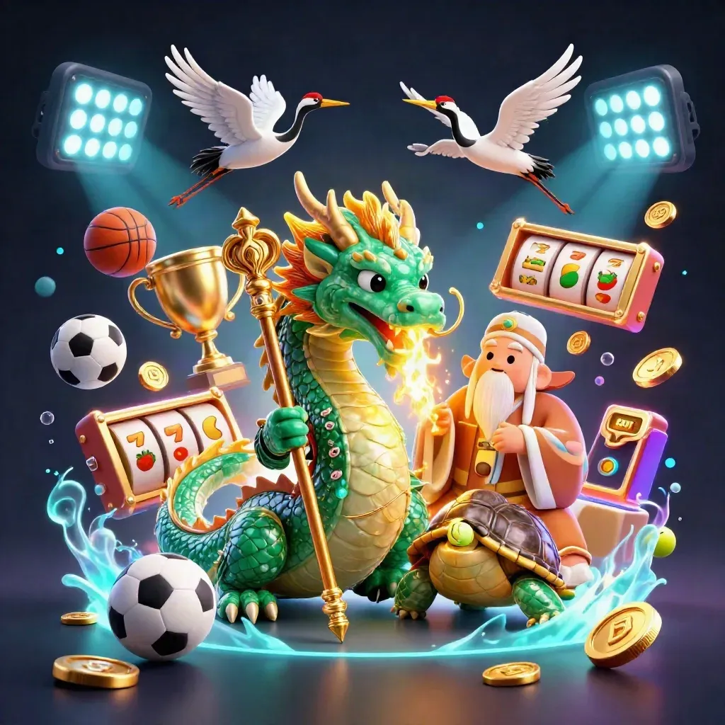 Emerald dragon, turtle sage, and cranes amid casino sports chaos with gold fire and glowing effects.