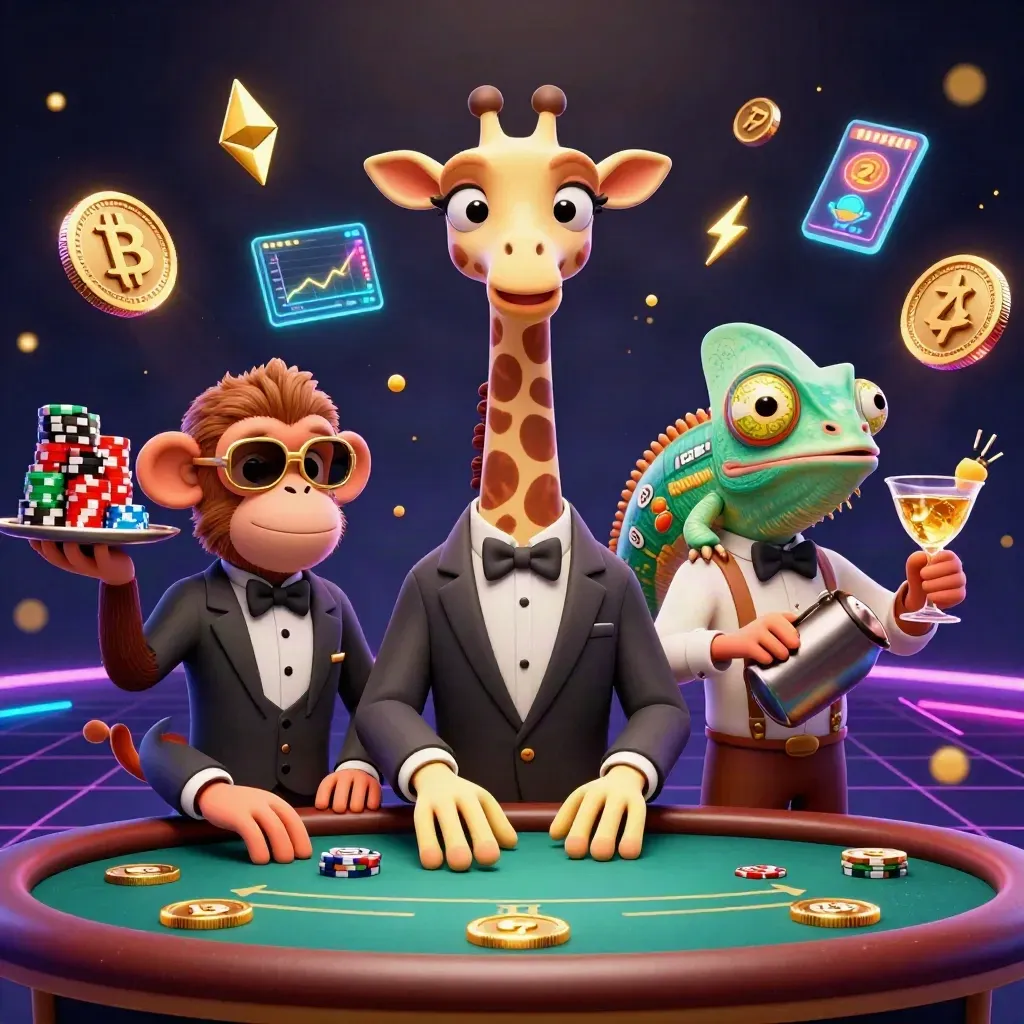 Giraffe high roller, monkey valet, and chameleon bartender amid casino tech and racing lights.