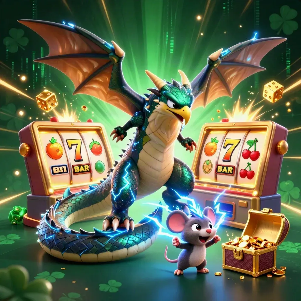 Thunder dragon, wind hawk and electric mouse amid slot symbols, gold dice and a bursting jackpot chest.
