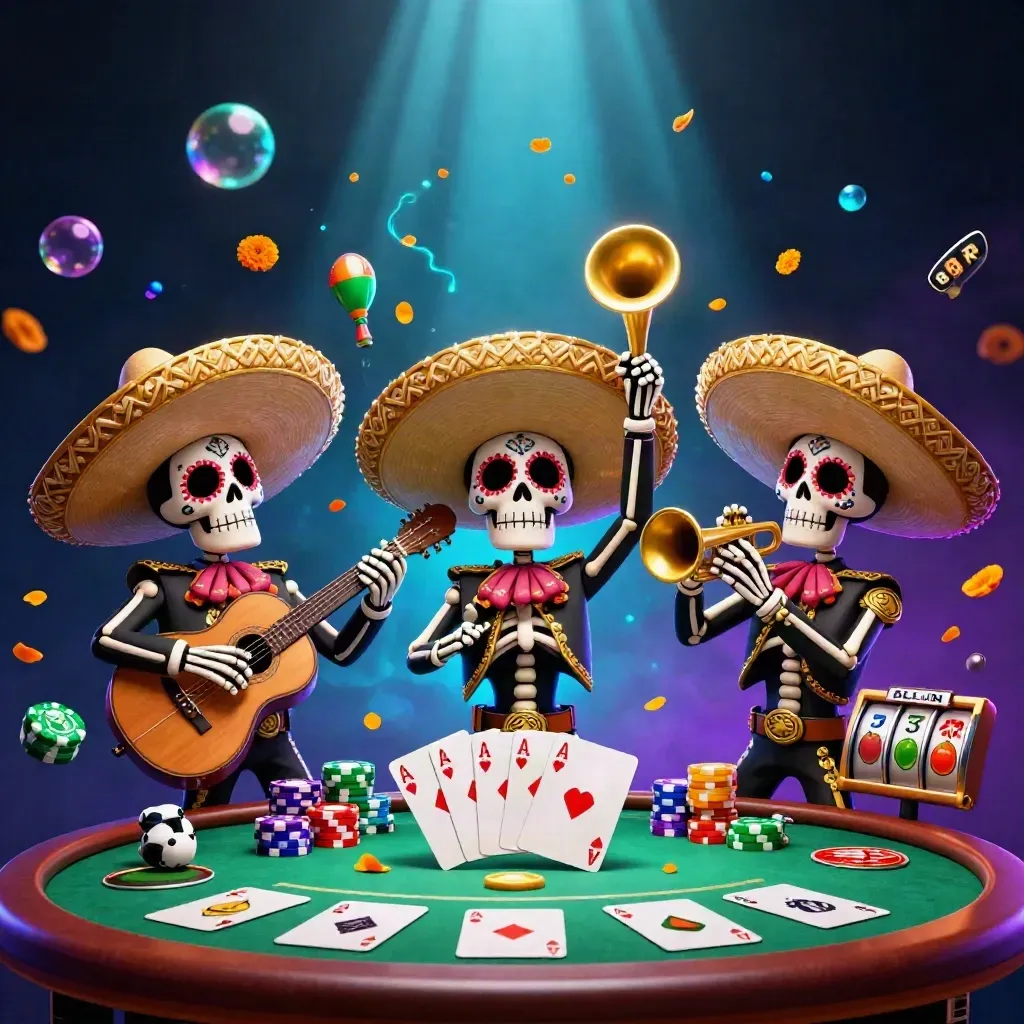 Three skeleton mariachi musicians amid chips, cards, reels, and glowing casino lights