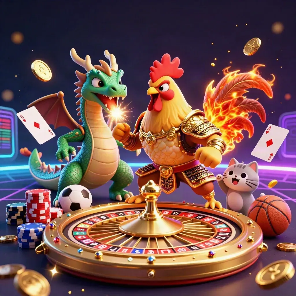 Rooster warrior, dragon hatchling, and fortune-cat around a glowing roulette wheel with casino coins and sports gear.