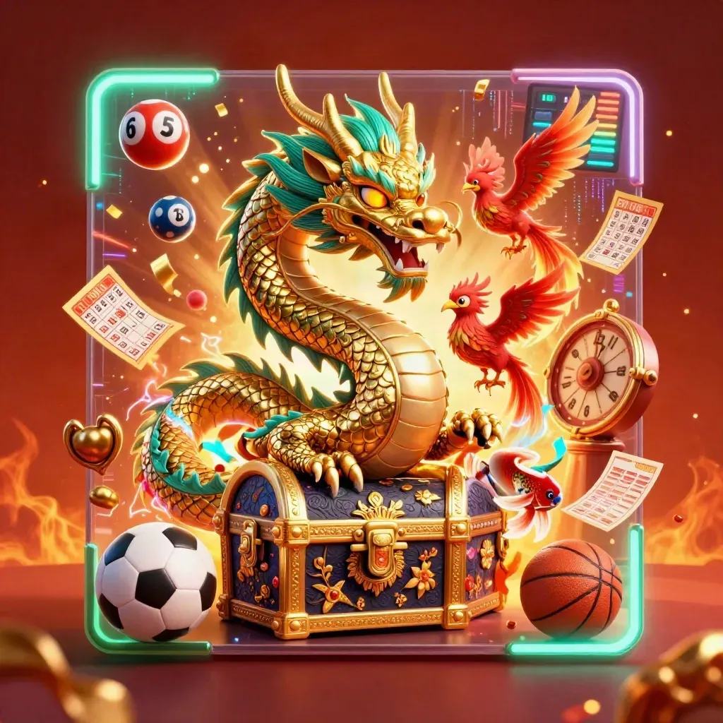 Golden dragon, phoenix, koi, prize wheel and sports props in a neon casino fantasy