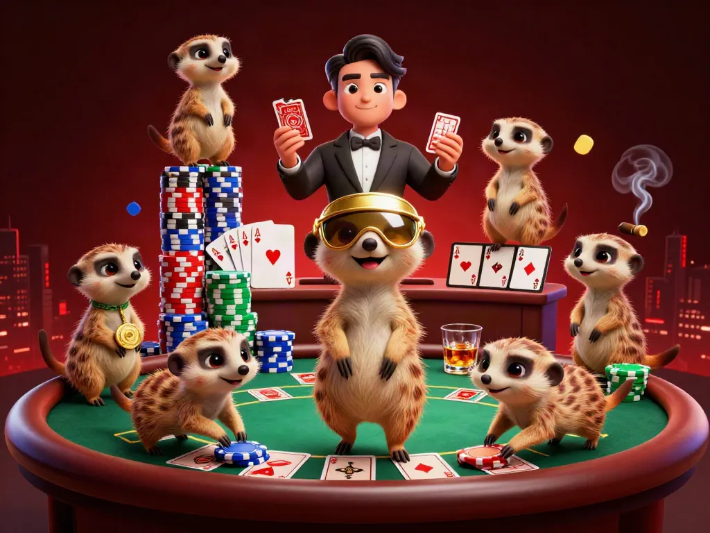 Nhatvip meerkats managing a vibrant casino scene with colorful poker elements.