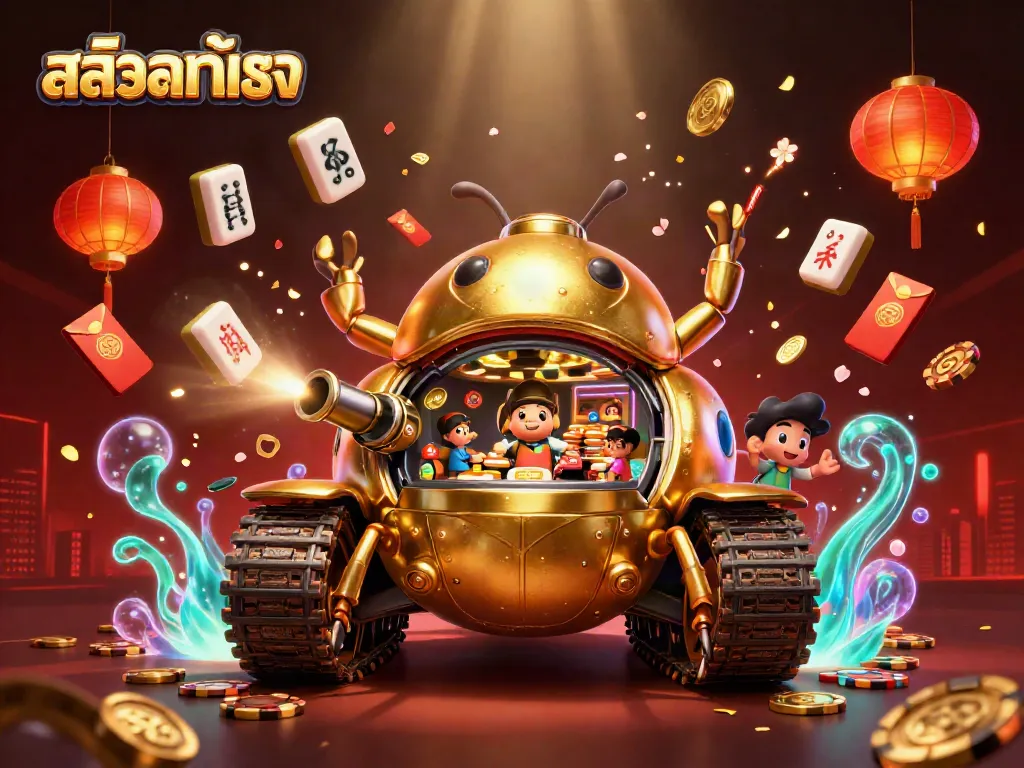 Engage in animated gaming scenes withสล็อตแท้ตรง featuring a miniature casino in a golden beetle tank.