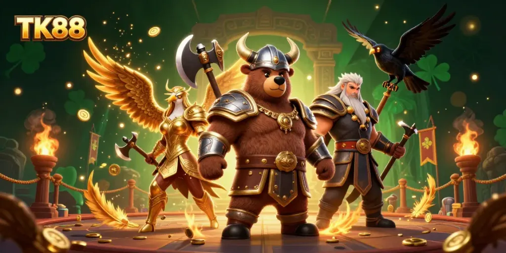 Experience thrilling gameplay at TK88 with a Viking berserker, Valkyrie eagle, and rich casino elements.